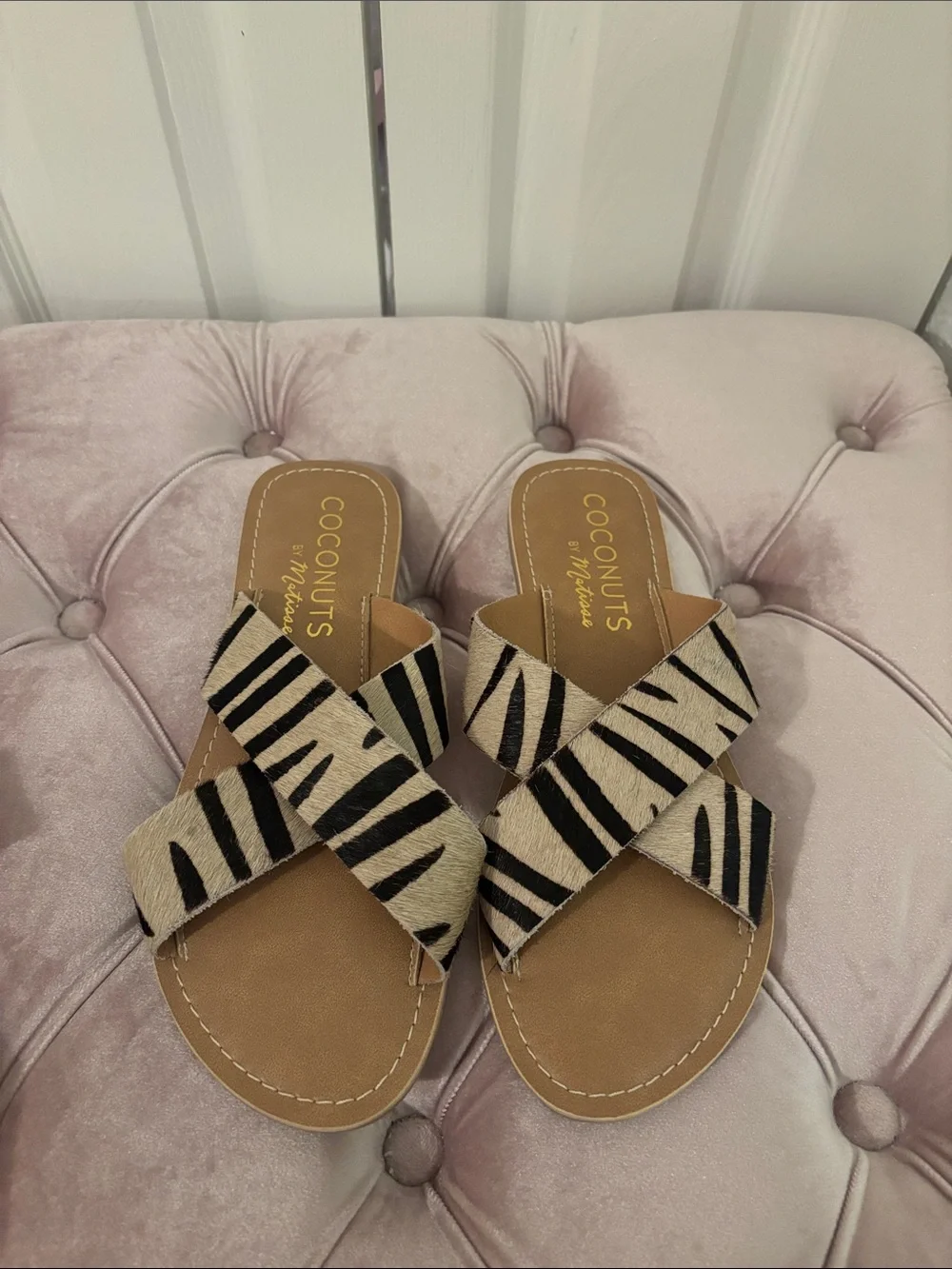 Coconuts by Matisse Zebra-Print Cross Strap Slide Sandals - Black & Cream